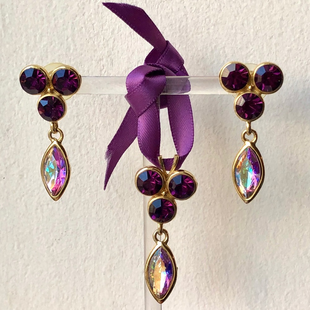 Vtg 1928 Amethyst AB stone Pendant Earrings Set